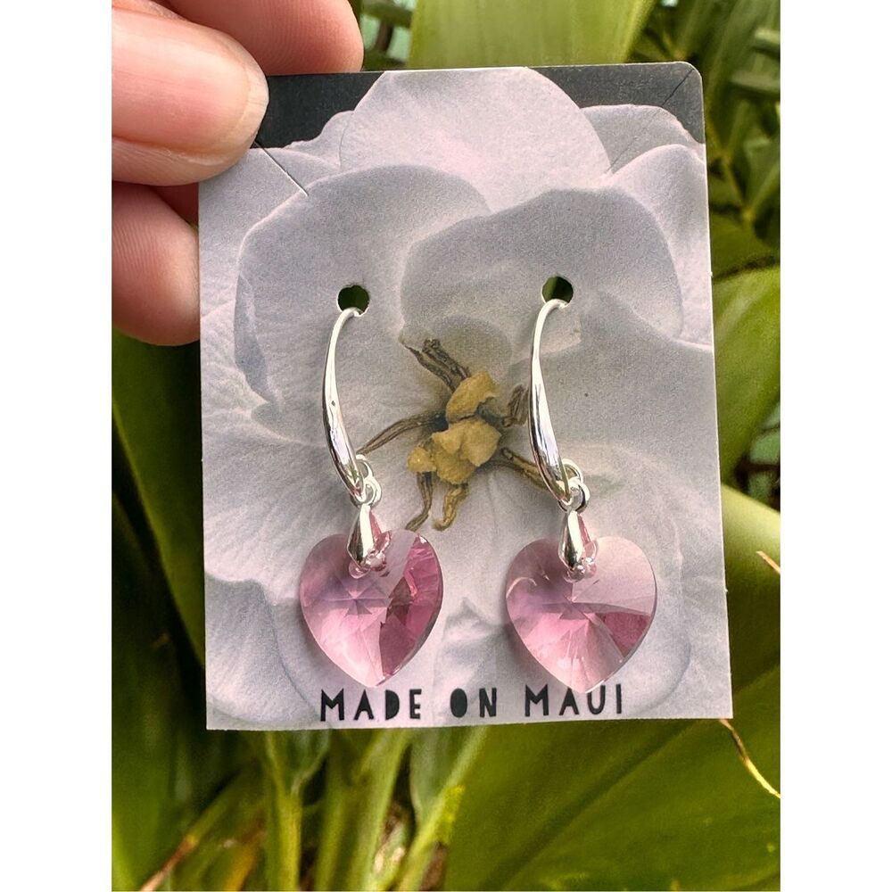 Swarovski Pink Heart & Sterling Silver Earrings Handmade 1.5" Dangles